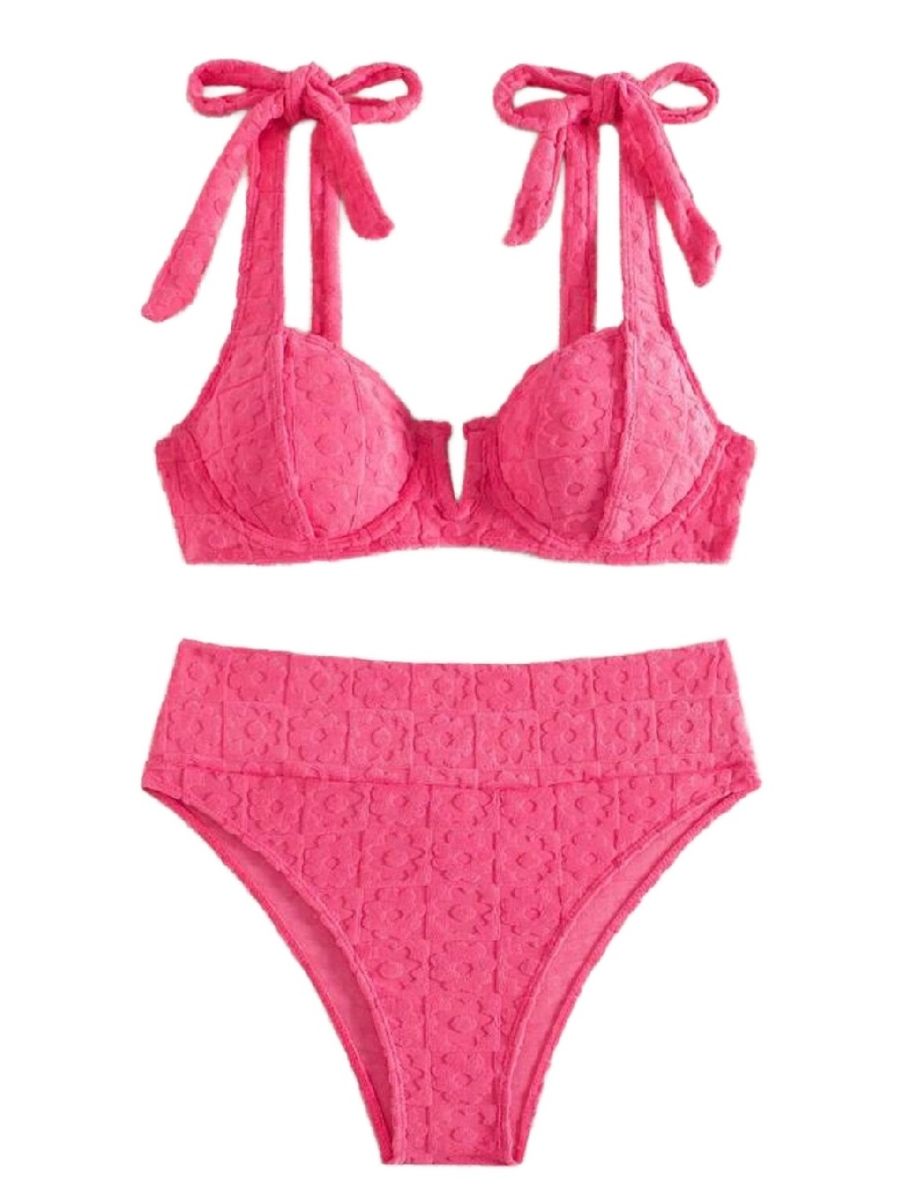 New Hot Pink terry cloth High-Waist Bikini Set